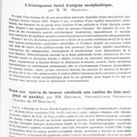 0436 - Page 373 - Société de neurologie de Varsovie. Séance du 17 janvier 1931. L'hémispasme facial d'origine encéphalitique, par M. W. Sterling / Deux cas opérés de tumeur cérébrale aux confins du lobe occipital et pariétal, par MM. Bregman, Solowiejczyk Goldstein (Service du Dr Bregman)