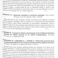 0462 - Page 399 - Analyses. Neurologie. Études générales. Sémiologie. Vercelli (Giuseppe). Réflexes d'automatisme au niveau du membre supérieur et leur irradiation (Riflessi d'automatismo agli arti supereiori e loro irradiazione). Il Policlinico... / Migault (P.). Syndrome choréique et syndrome maniaque. Paris médical... / Targowla (R.), Lamache (A.) et Dubar (J.). Recherches manométriques et ophtalmoscopiques sur les vaisseaux rétiniens dans les syphilis nerveuses. Encéphale...