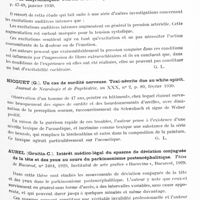0468 - Page 405 - Analyses. Neurologie. Études spéciales. Organes des sens. Nyssen (R.) et Helsmoortel (J.)... L'influence des excitations auditives intenses sur la pression artérielle chez les normaux et chez les sourds labyrinthiques. Journal de neurologie et de psychiatrie... / Hicguet (G.). Un cas de surdité nerveuse. Toxi-névrite due au white-spirit. Journal de neurologie et de psychiatrie... / Aurel (Gruitia-C.). Intérêt médico-légal du spasme de déviation conjuguée de la tête et des yeux au cours du parkinsonisme postencéphalitique. Thèse de Bucarest..., 1929... / Terson (A.). Hallucinations visuelles chez les ophtalmopathes. Soc. fr. d'opht...