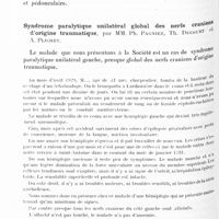 0513 - Page 450 - Société de neurologie de Paris. Séance du 16 avril 1931. Un cas de nystagmus du voile avec myoclonies cervicale synchrones entraînant un mouvement global de la tête, par M. Jean Lhermitte, Mlles Gabrielle Lévy et Monique Parturier / Syndrome paralytique unilatéral global des nerfs crâniens d'origine traumatique, par MM. Ph. Pagniez, Th. Decourt et A. Plichet