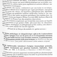 0532 - Page 469 - Société de neurologie de Paris. Séance du 16 avril 1931. Paralysies récidivantes et alternantes de la troisième et de la sixième paire évoluant par poussées depuis onze ans (Contribution à l'étude de l'ophtalmoplégie externe récidivante et alternante), par MM. Raymond Garcin et Marc Adrien Dollfus (Travail de la clinique des maladies du système nerveux) / Kyste épidermoïde intradural d'origine traumatique probable. Biopsie involontaire par ponction lombaire. Opération. Guérison, par MM. J. Forestier, J. Haguenau et Petit-Dutaillis