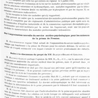 0568 - Page 505 - Sociétés. Société de médecine légale de France. Séance du 9 février 1931. Présentation d'un appareil pour l'examen de l'hymen chez les fillettes et les femmes / La loi du 1er janvier 1931 modifiant et complétant la loi du 25 octobre 1919, étendant aux maladies professionnelles la loi du 9 avril 1898 sur les accidents du travail / Sur l'organisation nouvelle du service médico-psychologique pour les mineurs de la prison de Fresnes / Suite à la discussion du projet de MM. Blacque-Beloir et Ceillier