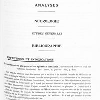 0588 - Page 525 - Analyses. Neurologie. Études générales. Bibliographie. Infections et intoxications. La sclérose en plaques et les spherula insularis (Fisseminated sclerosis and the spherula insularis). The Lancet...