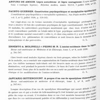 0589 - Page 526 - Analyses. Neurologie. Études générales. Bibliographie. Infections et intoxications. De Luca. L'hémiplégie infantile dans la malaria (L'émiplegia infantile da malaria). Il Policlinico... / Fausto Guerner. Constitution psychopathique et encéphalite épidémique (Constituicoes psychopathicas e encephalite epidemica). Sao Paulo medico... / Ernesto A. Molinelli et Pedro M. R. L'amino-acidémie dans la lèpre. Revue sud-américaine de médecine et de chirurgie... / Januario Bittencourt. A propos d'un cas de spondylose rhizomélique. Revue sud-américaine de médecine et de chirurgie... / Babonneix (L.). Hérédo-syphilis avec chorée, goitre, otite interne scléreuse. Gazette des hôpitaux...
