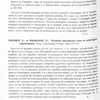 0595 - Page 532 - Analyses. Neurologie. Études générales. Bibliographie. Méninges et liquide céphalo-rachidien. Luis Dreckmann Weest et Valenzuela. Quelques considérations sur l'action des solutions hypertoniques et hypotoniques intraveineuses sur la pression du liquide céphalo-rachidien (Algunas consideraciones sobre la accion de las soluciones hipertonicas e hipotonicas endovenosas sobre la presion del liquido cefalo-raquideo). Actas de la primera conferencia latino americana de Neurologia, Psiquiatria y medicina legal... / Dreckmann et Urrutia. Quelques considérations sur la perméabilité méningée. La chromoneuroscopie, expériences chez l'homme (Algunas consideraciones sobre permeabilidad meningia, la cromoneuroscopia, experiencias verificadas en el hombre). Actas de la primera conferencia latino americana de Neurologia, Psiquiatria y medicina legal... / Taussig (L.) et Haskovec (V.). Troubles psychiques dans la méningite tuberculeuse. Revue neurologique tchèque... / Dumitriu Rosca. Etude sur la perméabilité meningée. Thèse de Bucarest..., 1930...