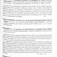 0598 - Page 535 - Analyses. Neurologie. Études générales. Bibliographie. Dystrophies. Marinesco (G.). Sager (O.) et Krindler (A.). Contribution à l'étude de la pathogénie de la myasthénie (Zur pathogenese der myasthenie). Zeitschrift für klinische Medizin... / Arvid Lindau. Conceptions récentes de la pathogénie de l'idiotie familiale amaurotique (Neuere auffassungen ueber die pathogenese der familiaren amaurotischen idiotie). Acta psychiatrica et neurologica... / Gallinek (A.). La question de l'individualité de l'atrophie Charcot-Marie (Zum Wesen der Neuralen muskelatrophie). Deutsche Zeitschrift für Nervenheilkunde... / Holthaus (B.). Les complications nerveuses des côtes cervicales (Ueber Folgezustande von Halsrippen). Deutsche Zeitschrift für Nervenheilkunde...