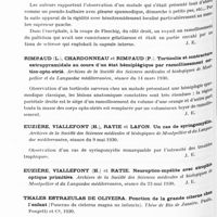 0601 - Page 538 - Analyses. Neurologie. Études spéciales. Cerveau. Rimbaud (L.), Chardonneau (J.) et Rimbaud (P.). Syndrome parkinsonien et pseudo-bulbaire par ramollissement opto-strié. Présentation de pièces. Archives de la Société des sciences médicales et biologiques de Montpellier et du Languedoc méditerranéen... / Rimbaud (L.), Chardonneau et Rimbaud (P.). Torticolis et contracture extrapyramidale au cours d'un état hémiplégique par ramollissement cortico-opto-strié. Archives de la Société des sciences médicales et biologiques de Montpellier et du Languedoc méditerranéen... / Euzière, Viallefont (H.), Ratie et Lafon. Un cas de syringomyélie. Archives de la Société des sciences médicales et biologiques de Montpellier et du Languedoc méditerranéen... / Toporkov (I.-A.). Abcès du lobe temporal droit avec aphasie, agraphie et alexie chez un droitier. Sovremennaja Psichonevrologija...