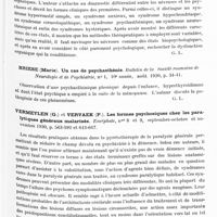 0610 - Page 547 - Analyses. Psychiatrie. Études générales. Courbon (Paul). Incontinence mentale sénile et réactions mystificatrices de défense de l'entourage. Annales médico-psychologiques... / Crémieux (Albert). Position actuelle du problème des névrosés. Actualités médico-chirurgicales... / Briese (Marie). Un cas de psychasthénie. Bulletin de la Société roumaine de neurologie et de psychiatrie... / Vermeylen (G.) et Vervaek (P.). Les formes psychosiques chez les paralytiques généraux malarisés. Encéphale... / Pascal (E.). La question de l'hypnotisme, édit. Terrier frères, Etampes, 1930...