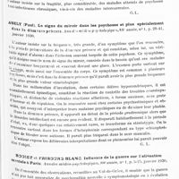 0612 - Page 549 - Analyses. Psychiatrie. Études générales. Damaye (Henri). Psychoses toxi-infectieuses chroniques et maladies intercurrentes. Annales médico-psychologiques... / Abely (Paul). Le signe du miroir dans les psychoses et plus spécialement dans la démence précoce. Annales médico psychologiques... / Rodiet et Fribourg-Blanc. Influence de la guerre sur l'aliénation mentale à Paris. Annales médico-psychologiques...