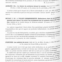 0613 - Page 550 - Analyses. Psychiatrie. Études générales. Toutkowski (d'Anvers). Les gononévroses. Journal de médecine de Bordeaux et du Sud-Ouest... / Achard (Ch.). Le devoir du médecin devant le suicide. Bull. de l'Ac. de méd... / Buvat (J.-B.) et Villey-Desmeserets. Hallucinose chez un paralytique général avec tabes à la suite d'un traitement par la malaria réinoculée deux fois. Bulletin de la Société clinique de médecine mentale... / Portier. Les méfaits du bruit. Bull. de l'Ac. de méd... / Marie et Ey (Henri). Les syndromes démentiels de l'hérédo-syphilis. Bulletin de la Société clinique de médecine mentale...