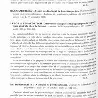 0617 - Page 554 - Analyses. Psychiatrie. Études générales. Abascal (Horacio) et Baralt (José-M). La paralysie générale en relation avec les traumatismes (La paralisis general en relacion con los traumatismos). Revista de psiquiatria y neurologia... / Leroy et Medakovitch. Différences cliniques et thérapeutique de la paralysie générale chez la femme. Annales médico-psychologiques... / De Busscher (J.). A propos de psychothérapie. Journal de neurologie et de psychiatrie belge...