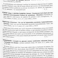 0622 - Page 559 - Analyses. Thérapeutique. Paulian (Demètre-Em.). La malariathérapie dans les affections syphilitique du système nerveux. Archives dermato-syphiligraphiques... / Paulian (Demetre-Em.). La pyrétothérapie non malarique dans les affections syphilitiques du système nerveux. Archives dermato-syphiligraphiques... / Hartung (Francisco). Un cas de labyrinthite purulente. Labyrinthotomie. Guérison (Sobre um caso de labyrinhite purulenta. Labyrinthotomia. Cura). Sao Paulo Medico... / Garofeanu. L'emploi du glucose comme médication adjuvante dans le traitement du tétanos. Archives médicales belges... / Godel (R.). Traitement des algies cardiaques par la topo-analgésie. Presse médicale...