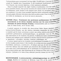 0623 - Page 560 - Analyses. Thérapeutique. Godel (R.). Traitement des algies cardiaques par la topo-analgésie. Presse médicale... / Boveri (Piero). Traitement des syndromes parkinsoniens des hypertonies musculaires et de divers troubles nerveux par les eaux arsenicales (cure thermale de Levico-Vetriolo (Trentin). Communication faite au Congrès d'hydrologie de Riva-Trento... / Manoussakis. L'autovaccination antiméningococcique en période épidémique. Bulletin de l'Académie de médecine...