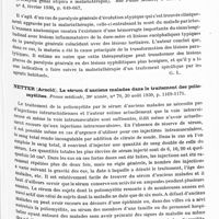 0624 - Page 561 - Analyses. Thérapeutique. Manoussakis. L'autovaccination antiméningococcique en période épidémique. Bulletin de l'Académie de médecine... / Austregesilo Filho. Paralysie générale atypique et malariathérapie (Paralysia genal atipica e malariaterapia). Sao Paulo Medico... / Netter (Arnold). Le sérum d'anciens malades dans le traitement des poliomyélites. Presse médicale...