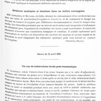 0728 - Page 665 - Sociétés. Société de médecine légale de France. Séance du 9 mars 1931. La vérification des décès et l'identification des cadavres / Deux cas d'hémorragie vaginale consécutive au coït / Brûlures multiples et étendues dans un milieu suroxygéné / Séance du 13 avril 1931. Un cas de tuberculose locale post-traumatique