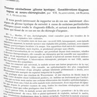 0906 - Page 843 - Société de neurologie de Paris. Séance du 4 juin 1931. Addenda aux séances précédentes. Disparition de la douleur et de l'hyperesthésie de la main par compression de l'artère radiale dans un cas de causalgie du médian, par Th. Alajouanine et J. Mage / Tumeur cérébelleuse (gliome kystique). Considérations diagnostiques et neuro-chirurgicales, par MM. Alajouanine, de Martel et J. Guillaume