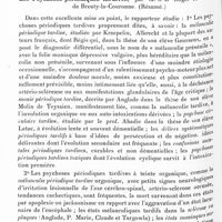 0913 - Page 850 - XXXVe Congrès des aliénistes et neurologistes de France et des pays de langue française. Session de Bordeaux. - 7-12 avril 1931. Rapports. I. Psychiatrie. Les psychoses périodiques tardives, par M. le Dr Roger Anglade... (résumé)