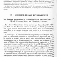 0921 - Page 858 - XXXVe Congrès des aliénistes et neurologistes de France et des pays de langue française. Session de Bordeaux. - 7-12 avril 1931. Rapports. II. Neurologie. Les tumeurs intramédullaires, par M. le Dr Noël Péron... (Résumé) / III. Médecine légale psychiatrique. Les fausses simulations en médecine légale psychiatrique, par M. le Dr Fribourg-Blanc... (résumé)