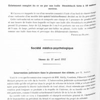 0933 - Page 870 - Sociétés. Société de médecine légale de France. Séance du 11 mai 1931. Deux cas de contusion du scrotum / Eclatement complet du crâne par une balle Stendebach tirée à 10 mètres environ / Société médico-psychologique. Séance du 27 avril 1931. Intervention judiciaire dans le placement des aliénés, par X. Abély / Modifications du poids chez les paralytiques généraux traités par la malaria, par Leroy, Medakowitch et Masquin