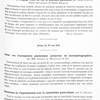0936 - Page 873 - Sociétés. Société médico-psychologique. Séance du 21 mai 1931. Flexion réflexe unilatérale de la jambe par flexion de la tête en cas de coma par lésion cérébrale circonscrite, par A. Courtois / Troubles du langage dans un cas de psychose paranoïde, par Henri Claude, Pierre Bourgeois et Pierre Masquin / Séance du 28 mai 1931. Deux cas d'encéphalite psychosique (projection de microphotographies), par MM. Capara, L. Marchand et Vie / Relations de l'hypochondrie avec la constitution paranoïaque, par A. Delmas / Délire coenesthésique, par B. Mallet et Gourion