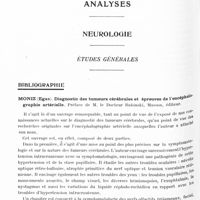 0943 - Page 880 - Analyses. Neurologie. Études générales. Bibliographie. Moniz (Egas). Diagnostic des tumeurs cérébrales et épreuves de l'encéphalographie artérielle. Préface de M. le Docteur Babinski, Masson, éditeur