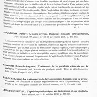 0974 - Page 911 - Analyses. Thérapeutique. Dejean (M. Ch.). Traitement et guérison des crises de migraine ophtalmique par l'acétylcholine. Archives de la Société des sciences médicales et biologiques de Montpellier et du Languedoc méditerranéen... / Moldaver. L'intervention électrothérapique dans la poliomyélite épidémique. Ve Congrès international de physiothérapie... / Coulouma (Pierre). L'entéro-névrose. Quelques éléments thérapeutiques. Paris médical... / Lereboullet (P.). L'opothérapie thymique, ses indications et ses résultats. Paris médical...
