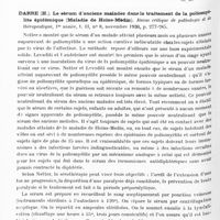 0977 - Page 914 - Analyses. Thérapeutique. Pagniez (Ph.), Plichet (A.) et Bompard (E.). Trois cas de tétanos traités par injection intrarachidienne de sérum sous chloroformisation (méthode de Dufour). Bulletins et mémoires de la Société médicale des hôpitaux de Paris... / Darre (H.). Le sérum d'anciens malades dans le traitement de la poliomyélite épidémique (Maladie de Heine-Médin). Revue critique de pathologie et de thérapeutique...