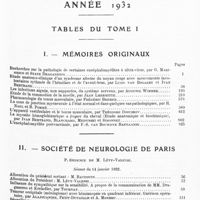 0005 - Page 1 - Année 1932. Tables du tome I. I. Mémoires originaux / II. Société de neurologie de Paris