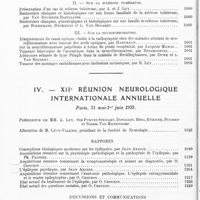 0010 - Page 6 - Année 1932. Tables du tome I. III. Sociétés d'oto-neuro-ophtalmologie / IV. XIIe Réunion neurologique internationale annuelle