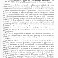 0185 - Page 127 - Société de neurologie de Paris. Séance du 14 janvier 1932. Addendum à la séance du 3 décembre 1931. Crampes, myoclonies et paralysie périphérique du sciatique poplité externe évoluant depuis six ans chez un parkinsonien postencéphalitique. Contribution à l'étude des phénomènes neuro-musculaires au cours de l'encéphalite prolongée, par MM. Georges Guillain, Th. Alajouanine et Raymond Garcin