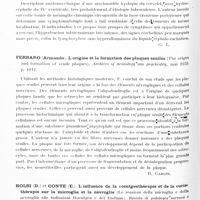 0224 - Page 166 - Analyses. Neurologie. Études générales. Anatomie pathologique. Otonello (Paolo). Contribution à la description anatomo-clinique de la dégénération subaiguë combinée de la moelle (Contributo alla delimitazione clinica ed anatomo-patologica della degenerazione combinata subacuta del midollo spinale.) Rivista di patologia nervosa e mentale... / Noto (Gaetano-Giovanni). Arachnoïdite kystique cérébelleuse, avec hydrocéphalie du IVe ventricule (Arachnoidite cistica cerebellare con idrocefalo de IV ventriculo). Rivista di patologia nervosa e mentale... / Ferraro (Armando). L'origine et la formation des plaques séniles (The origin and formation of senile plaques). Archives of neurology ans psychiatry... / Bolsi (D.) et Conte (E.). L'influence de la roentgenthérapie et de la curiethérapie sur la microglie et la névroglie (Le reazioni della microglia e della nevroglia alle radiazioni Roentgen e del Radium). Rivista di patologia nervosa e mentale...