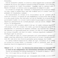 0610 - Page 552 - Analyses. Neurologie. Études générales. Anatomie. Marinesco (G.) et Goldstein (M.)... Quelques données sur le développement de l'écorce cérébrale. Bulletin de la section scientifique de l'Académie roumaine... / Tello (J.-F.)... Le réticulum des cellules ciliées du labyrinthe chez la souris et son indépendance des terminaisons nerveuses de la VIIIe paire. Travaux du laboratoire de recherches biologiques de l'Université de Madrid...
