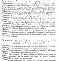 1407 - Page 1347 - XIIe Réunion neurologique internationale annuelle. Paris, 31 mai-1er juin 1932. Communications sur la pathogénie. Phénomène de Magnus et de Kleyn transitoire du côté malade au cours d'un état de mal épileptique chez une hémiplégique. Myoclonies rythmées interparoxystiques, par MM. Raymond Garcin et R. Laplane / Sur le rôle des altérations endocriniennes dans la pathogénie de l'épilepsie, par M. C. I. Parhon...