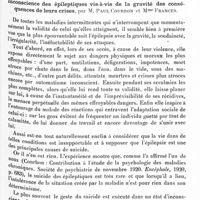 1411 - Page 1351 - XIIe Réunion neurologique internationale annuelle. Paris, 31 mai-1er juin 1932. Communications sur la symptomatologie. Inconscience des épileptiques vis-à-vis de la gravité des conséquences de leurs crises, par M. Paul Courbon et Mme Frances