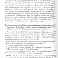 1430 - Page 1370 - XIIe Réunion neurologique internationale annuelle. Paris, 31 mai-1er juin 1932. Communications sur le traitement. Sur l'action biochimique et thérapeutique de l'émulsion cérébrale dans l'épilepsie essentielle, par M. V. C. Choroschko... / Quelques mots à propos du traitement de l'épilepsie tardive, par M. V. C. Choroschko... / Traitement chirurgical des crises jacksoniennes postapoplectiques ; importance de l'oedème cérébral qui accompagne les foyers vasculaires, par MM. A. Jentzer et G. de Morsier...