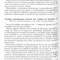 1504 - Page 1444 - Société de neurologie de Paris. Séance du 2 juin 1932. Apparition transitoire de nouveaux symptômes nerveux dans la sclérose en plaques à la suite de choc produit par des injections intraveineuses de vaccin antityphoïdique. Importance pratique de ce fait dans le diagnostic des formes initiales de la sclérose en plaques, par M. J. C. Mussio Fournier... / Troubles neurologiques produits par l'oedème de Quincke, par MM. J. C. Mussio Fournier et A. Garra...