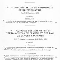 0007 - Page 3 - Année 1932. Tables du tome II. II. Société de neurologie de Paris / III. Congrès Belge de neurologie et de psychiatrie / IV. Congrès des aliénistes et neurologistes de France et des pays de langue française