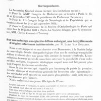 0099 - Page 47 - Société de neurologie de Paris. Séance du 7 juillet 1932. Nécrologie [M. Flatau] / Correspondance / Sur une méningo-encéphalite diffuse subaiguë, non démyélinisante d'origine infectieuse indéterminée, par M. Ludo Van Bogaert