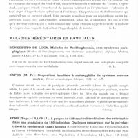 0190 - Page 138 - Analyses. Neurologie. Études générales. Sémiologie. Zuccarelli (J.). A propos de certaines formes cliniques des polyglobulies essentielles et de leur classification. Provence médicale... / Maladies héréditaires et familiales. Benedetto de Luca. Maladie de Recklinghausen, avec syndrome paraplégique (Morbo di Recklinghausen con sindrome paraplegica). Riforma Medica... / Kafka (M. Fr.). Disposition familiale à métasyphilis du système nerveux central. Revue neurologique tchèque... / Kemp (Tage) et Ravn (J.). A propos de difformités héréditaires des extrémités dans une généalogie de 140 individus. Quelques remarques sur la polydactylie et la syndactylie chez l'homme (Ueber Erbliche Hand-und Fussdeformitäten in Einem 140-köpfigen Geschlecht, nebst Einigen Bemerkungen über Poly-und Syndaktylie beim Menschen). Acta Psychiatrica et Neurologica...