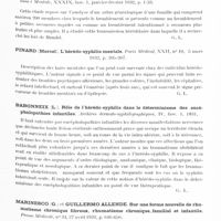 0191 - Page 139 - Analyses. Neurologie. Études générales. Maladies héréditaires et familiales. Kemp (Tage) et Ravn (J.). A propos de difformités héréditaires des extrémités dans une généalogie de 140 individus. Quelques remarques sur la polydactylie et la syndactylie chez l'homme (Ueber Erbliche Hand-und Fussdeformitäten in Einem 140-köpfigen Geschlecht, nebst Einigen Bemerkungen über Poly-und Syndaktylie beim Menschen). Acta Psychiatrica et Neurologica... / Pintus (Giuseppe). La transmission héréditaire du tremblement essentiel (Sulla transmissionne ereditaria delle tremore essenziale). Rivista di Patologia Nervosa e Mentale... / Pinard (Marcel). L'hérédo-syphilis mentale. Paris médical... / Babonneix (L.). Rôle de l'hérédo-syphilis dans le déterminisme des encéphalopathies infantiles. Archives dermato-syphiligraphique... / Marinesco (G.) et Guillermo Allende. Sur une forme nouvelle de rhumatisme chronique fibreux, rhumatisme chronique, familial et infantile. Presse médicale... / Edwin (G.), Zabriskie et Angus Macdonald Frantz. Paralysie périodique familiale (Familial periodic paralysis). Bulletin of the neurological institute of New-York...
