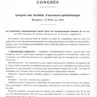 0438 - Page 386 - Congrès. Congrès des Sociétés d'oto-neuro-ophtalmologie. Montpellier, 27-28-29 mai 1932. Le syndrome commotionnel tardif dans les traumatismes fermés du crâne, par MM. Bremer, H. Coppez. Hicquet, et P. Martin...