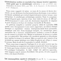 0597 - Page 543 - Société de neurologie de Paris. Séance du 3 novembre 1932. Cysticercose cérébrale de la région péribulbaire, par MM. Schmite et Lemoyne / Généralisation tardive et mortelle d'un tétanos localisé apparemment guéri par la sérothérapie (addendum à une précédente communication de février 1932), par MM. J.-A. Chavany, E. Bourdillon et F. Thiébaut / Les neuromyélites aiguës et subaiguës, par M. A. Austregesilo...