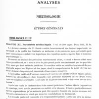 0639 - Page 585 - Analyses. Neurologie. Études générales. Bibliographie. Claude (H.). Psychiatrie médico-légale... Doin, édit...