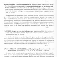 0650 - Page 596 - Analyses. Neurologie. Études générales. Méninges et liquide céphalo-rachidien. Curti (Giuseppe.) La réaction de Takata-ara dans le liquide céphalo-rachidien (La reazione di takata-ara nel liquido cefalo-rachidiano). Rassegna internazionale di clinica e terapia... / Rossi (Ottorino). Contribution à l'étude de la perméabilité méningée et de la barrière hémato-encéphalique (transmission du parasite de la malaria par la voie lombaire). Contributo allo studio della permeabilita meningea e della cosidetta barriera ematoencefalica (trasmissione del parassita della malaria per via endolombare). Rivista di patologia nervosa e mentale... / Cabitto (Luigu). La réaction de Lange dans la neuro-syphilis (La reazione di Lange nella neurosifilide). Rivista di patologia nervosa e mentale... / André-Thomas et Laflotte (L.). Méningite aiguë avec herpès chez un syphilitique. Paris médical...
