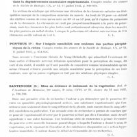 0786 - Page 732 - Analyses. Neurologie. Études générales. Physiologie. Raventos (J.). Actions de la nicotine sur la conduction nerveuse dans la préparation neuro-musculaire. Comptes rendus des séances de la Société de biologie... / Leulier (A.), Bernard (Mlle A.) et Richard (A.). Potassium et chronaxie dans la dégénérescence musculaire expérimentale. Comptes rendus des séances de la Société de biologie... / Ponthus (P.). Sur l'inégale sensibilité aux couleurs des parties périphériques de la rétine. Comptes rendus des séances de la Société de biologie... / Santenoise (D.). Mise en évidence et isolement de la vagotonine. Bul. de l'Académie de médecine... / Grzycki (Stefan). La créatinine et l'acide lactique du sang au cours du tétanos du cheval. Comptes rendus des séances de la Société de biologie...