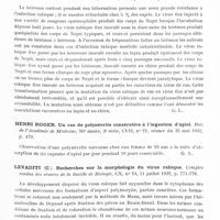 0799 - Page 745 - Analyses. Neurologie. Études générales. Infections et intoxications. Ravaut (P.). Syphilis héréditaire et phénomènes de sensibilisation. Bul. de la Société française de dermatologie et de syphiligraphie... / Demetre Jonnesco. Recherches sur la réversibilité du virus rabique fixe. Annales de l'Institut Pasteur... / Henri Roger. Un cas de polynévrite consécutive à l'ingestion d'apiol. Bul. de l'Académie de médecine... / Levaditi (C.). Recherches sur la morphologie du virus rabique. Comptes rendus des séances de la Société de biologie... / Pinoy (E.) et Fabiani (G.). Essai négatif d'inoculation de la lèpre chez un signe splénectomisé. Comptes rendus des séances de la Société de biologie...