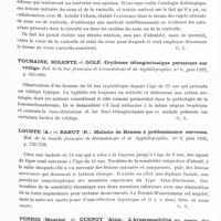 0801 - Page 747 - Analyses. Neurologie. Études générales. Infections et intoxications. Netter (Arnold). Zona et varicelle. Bul. et mém. de la Société médicale des hôpitaux de Paris... / Touraine, Solente et Golé. Erythème télangiectasique persistant sur vitiligo. Bul. de la Soc. française de dermatologie et de syphiligraphie... / Louste (A.) et Rabut (R.). Maladie de Hansen à prédominance nerveuse. Bul. de la Société française de dermatologie et de syphiligraphie... / Perrin (Maurice) et Cuenot (Alain). L'hypersensibilité au venin des abeilles. Presse médicale...