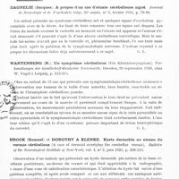 0814 - Page 760 - Analyses. Neurologie. Études spéciales. Cerveau. Worms (G.), Didiée (L.) et Grumbach (L.). Pneumatocèles intra-crâniennes. Annales d'oto-laryngologie... / Cervelet. Dagnelie (Jacques). A propos d'un cas d'ataxie cérébelleuse aiguë. Journal de neurologie et de psychiatrie belge... / Wartenberg (R.). Un symptôme cérébelleux (Ein Kleinhirnsymptom). Verhandlungen der Gesellschaft Deutscher Nervenarzte... / Brock (Samuel) et Dorothy A Klenke. Kyste dermoïde au niveau du vermis cérébelleux (A case of dermoid overlying the cerebellar vermis). Bulletin of the Neurological Institute of New-York...