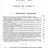 0005 - Page 1 - Année 1933. Tables du tome II. I. Mémoires originaux / II. Société de neurologie de Paris