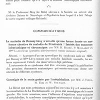 0094 - Page 38 - Société de neurologie de Paris. Séance du 6 juillet 1933. Correspondance / Communications. La maladie de Roussy-Lévy n'est-elle qu'une forme fruste ou une forme abortive de maladie de Friedreich ? Intérêt des examens labyrinthique et chronaxique, par MM. H. Barré, P. Mollaret et Mme Landowski / Causalgie de la main guérie par l'acétylcholine, par MM. J. Tinel, M. Eck et W. Stewart